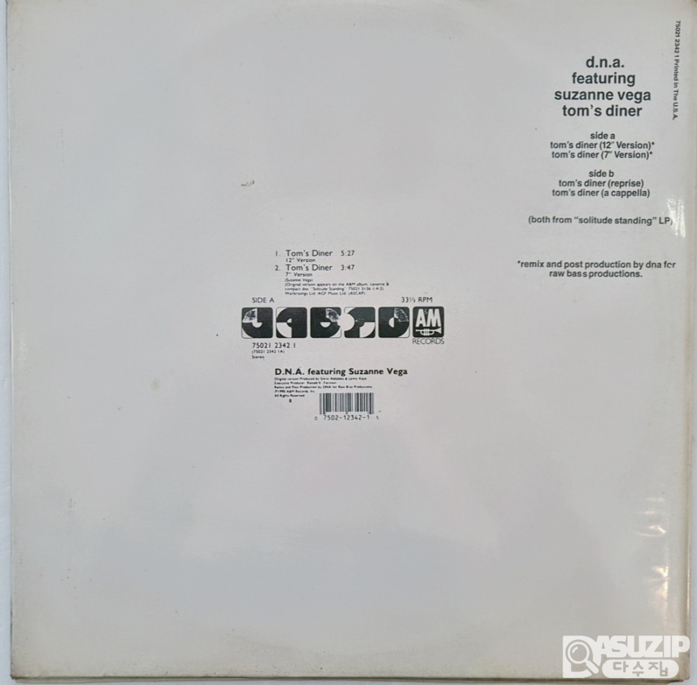 D.N.A. 피처링 수잔 베가(D.N.A. featuring Suzanne Vega)의 싱글 **"Tom's Diner"**의 바이닐(LP)