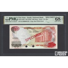 1970년에 발행된 남베트남 국립은행의 500 동 지폐 견본권(견양권) 68등급(최고등급)