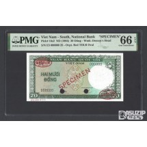 1964년 남베트남 20동 지폐의 견본권(견양권)(SPECIMEN) 지폐 66등급